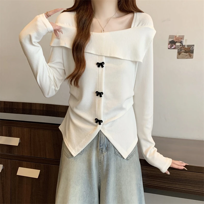 微胖大码正肩纯欲不规则设计感长袖上衣辣妹T恤显瘦打底显瘦内搭