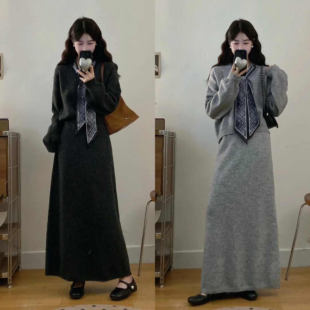 大码韩版宽松复古秋冬长款休闲简约风针织毛衣长裙时尚套装6232