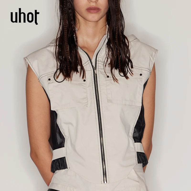 UHOT杏色机能感撞色线拼接工装铆钉休闲立领马甲配：帽子UWFR4W264