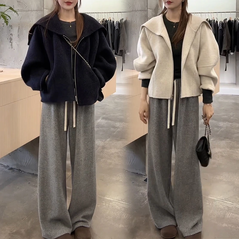 冬季减龄一整套穿搭时尚洋气休闲海军领外套高腰阔腿裤两件套装女