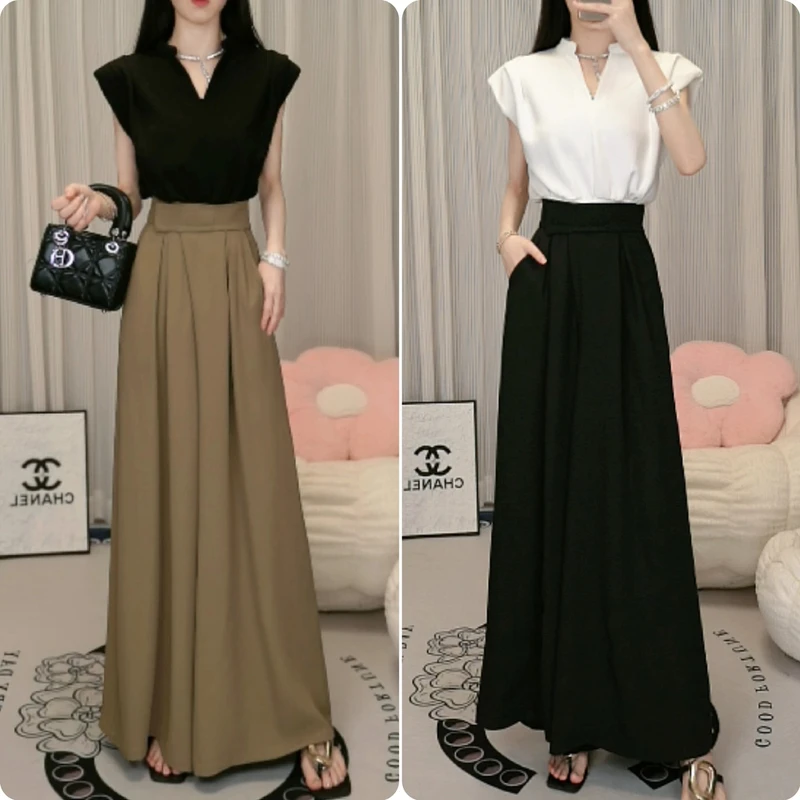 2025春夏新款御姐风气质百搭收腰上衣魔术贴高腰阔腿裤裙裤套装1