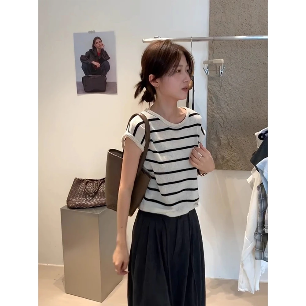 韩系百搭chic灰色针织正肩短袖T恤女夏季小个子短款独特薄款上衣