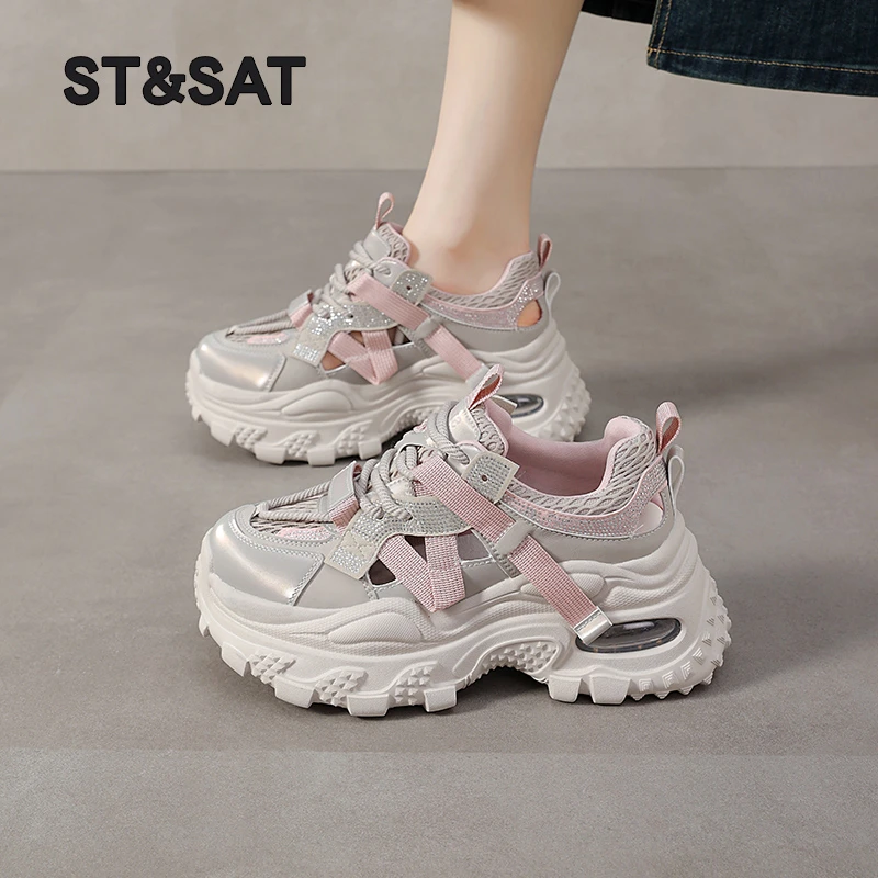 星期六镂空老爹鞋女款夏季2025新款网面透气增高厚底休闲运动凉鞋