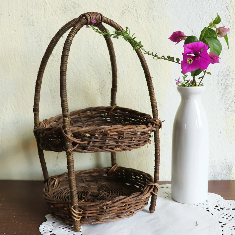 复古元素省空间纯色防摔多层果盘置物桌面藤篮子手工编织摆件