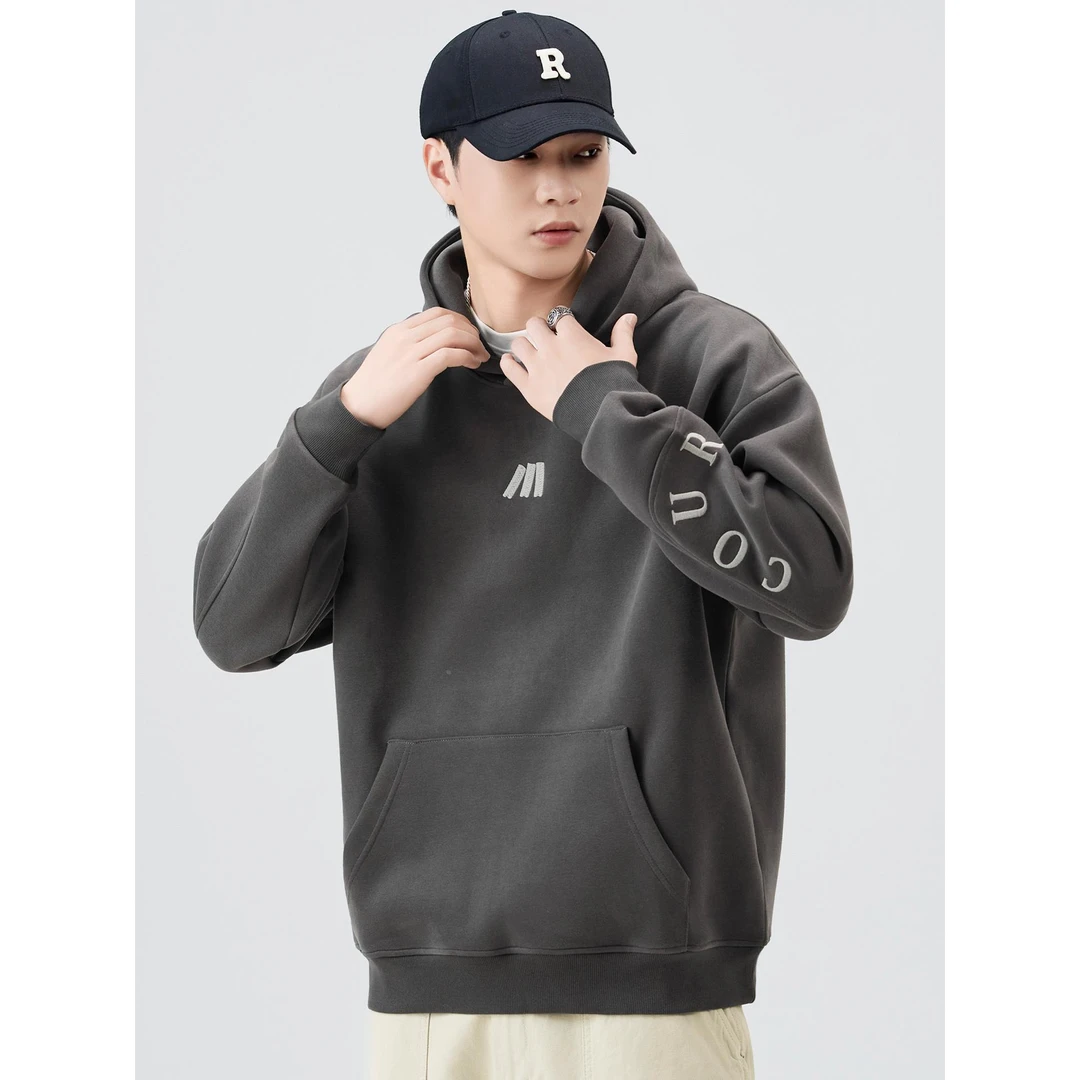 2025秋冬季新款宽松圆领长袖连帽卫衣男士重磅加厚大码印花上衣服