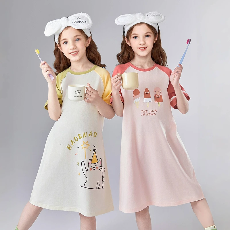 笛莎女童家居服2025夏季女童趣味图案撞色插肩袖睡裙-23252M203