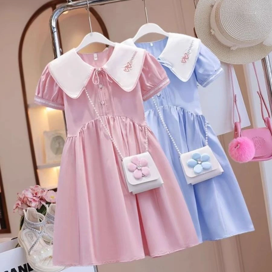 女童学院连衣裙夏季薄款儿童洋气裙子2025新款娃娃短袖公主中长裙