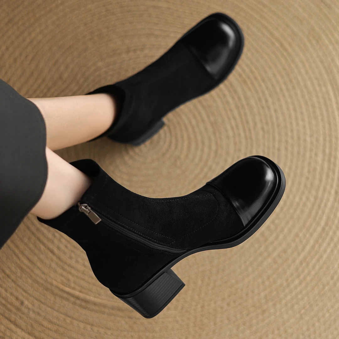 百搭英伦风短筒防水台瘦瘦靴侧拉链短靴加绒复古黑色圆头时尚大码