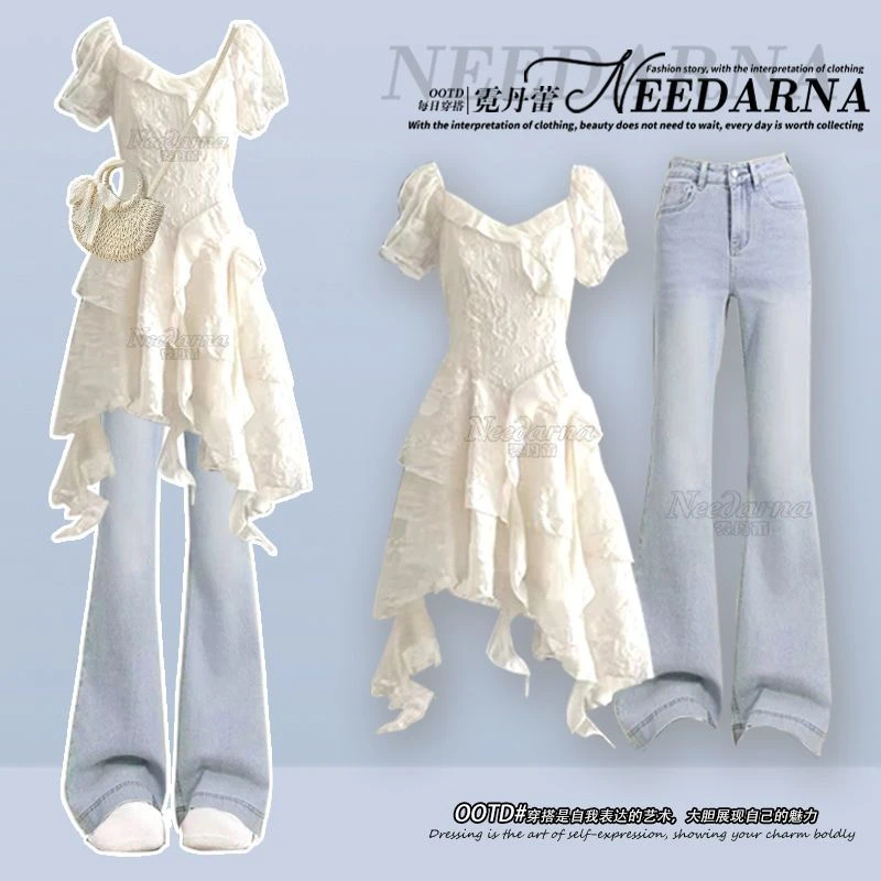 夏季套装女2025年新款韩系穿搭设计感连衣裙搭配显瘦牛仔裤两件套