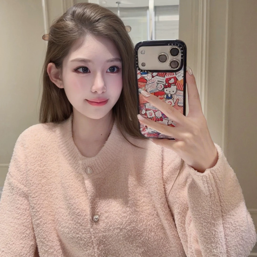 [Nana]半边绒睡衣女珍珠扣宽松开衫加绒加厚新款气质小香风家居服