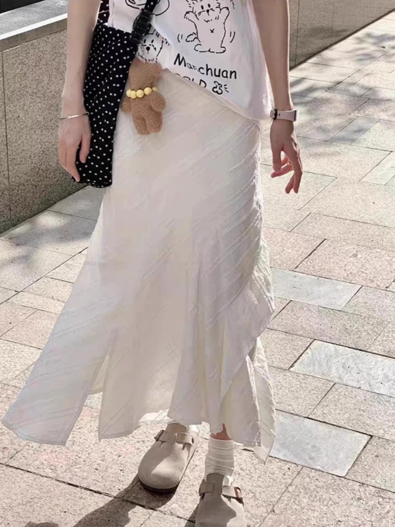 不规则白色半身裙女胖mm梨型身材遮胯显瘦a字鱼尾裙