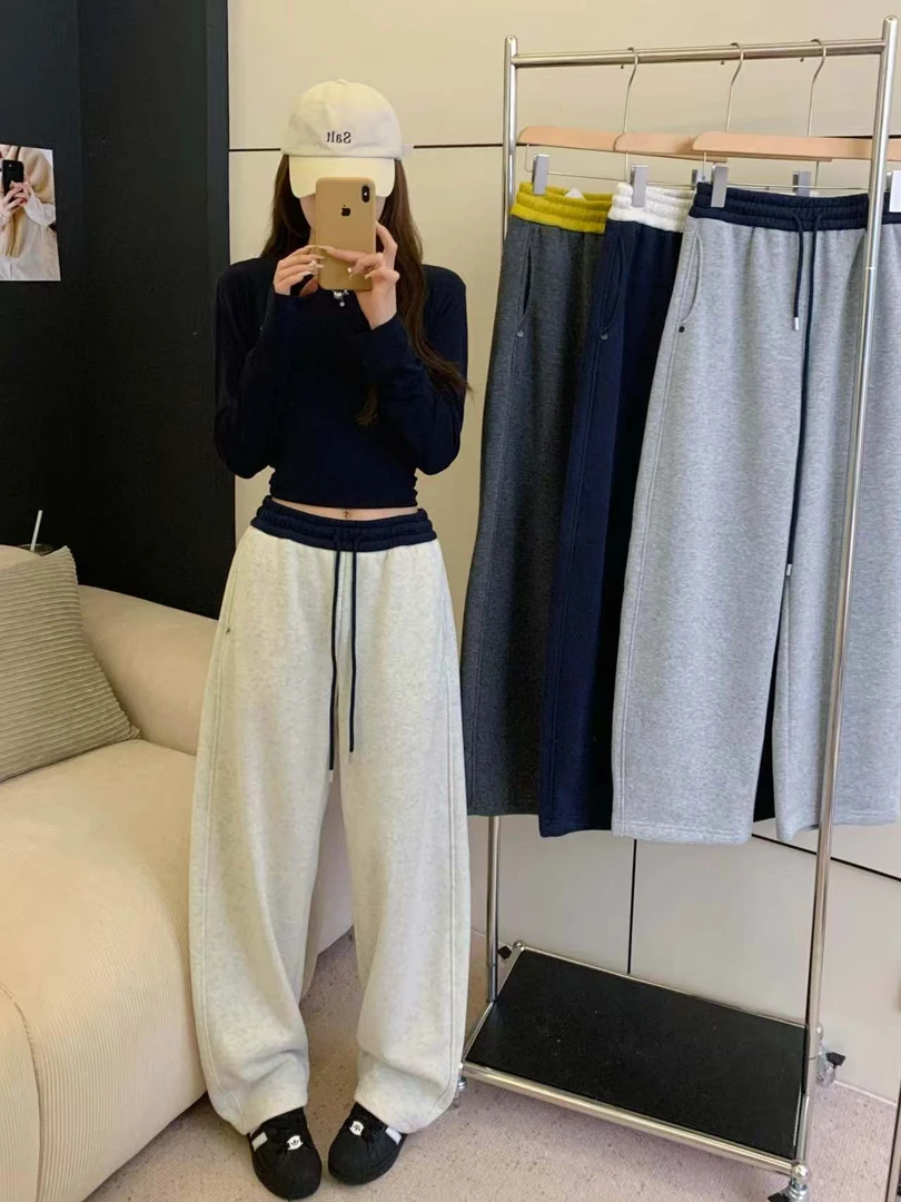 加绒加厚【8989】2025冬季羊驼绒女款宽松百搭潮流卫裤弯刀裤