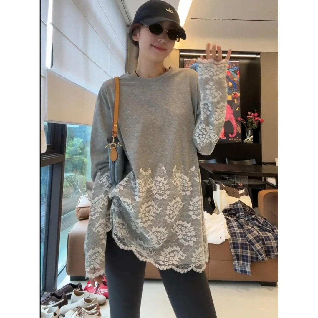 韩系简约洋气蕾丝拼接长袖T恤女2025秋季遮屁股中长款打底衫上衣