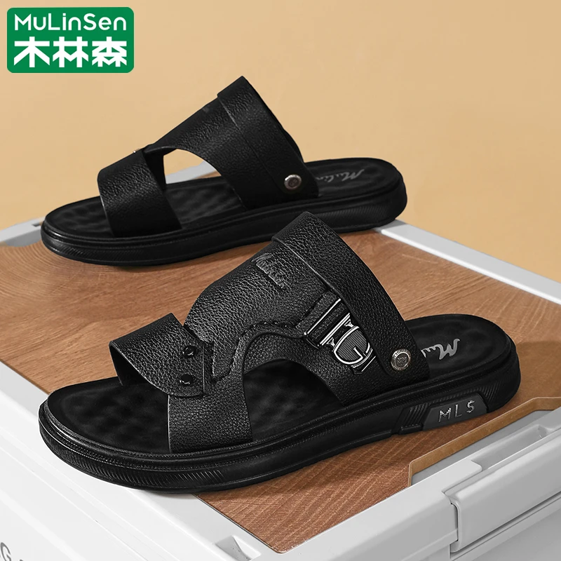 木林森凉鞋男2025新款夏季外穿防滑软底沙滩鞋开车休闲皮凉拖男款