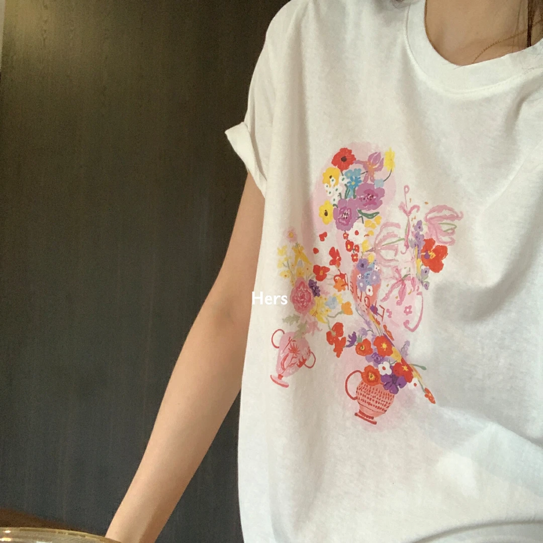 美树 Hers-夏上新简约UP主调性趣味圆领花花短袖T恤 20977