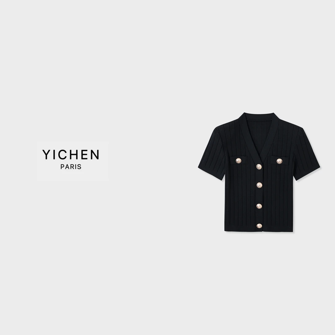 YC 黑金/白金竖坑条V领单排扣冰丝款式短袖-2544
