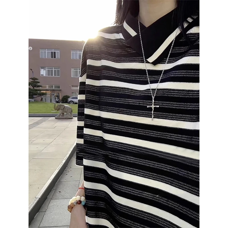 不规则斜领短袖polo衫男款痞帅高级感条纹t恤潮流重磅学院风上衣