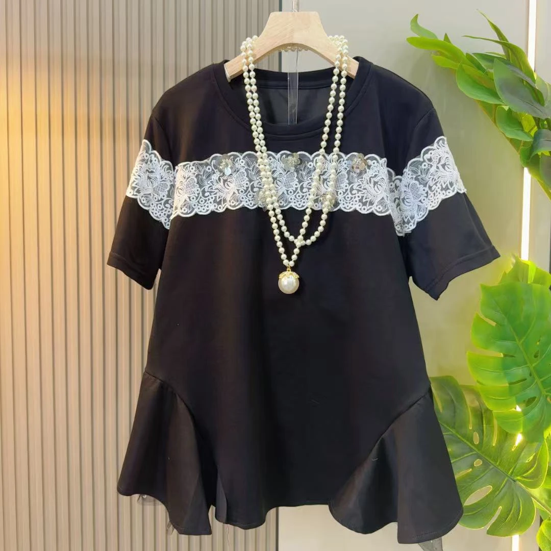 夏季新款重工蕾丝刺绣韩版短袖t恤上衣
