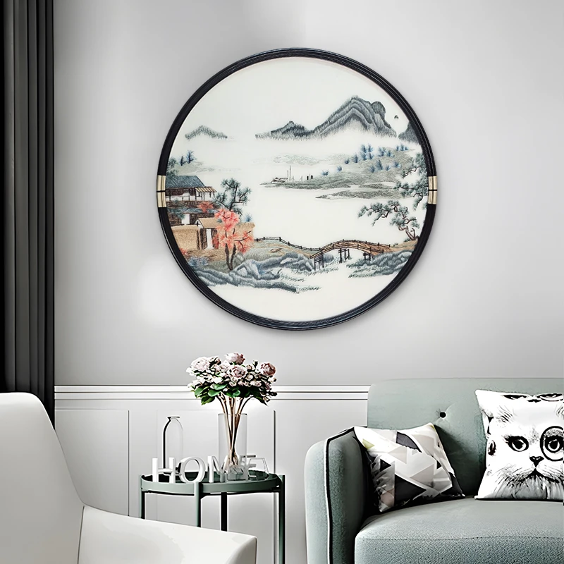中式实物立体装饰画 玄关刺绣实木钢化玻璃挂画 圆形山水画28