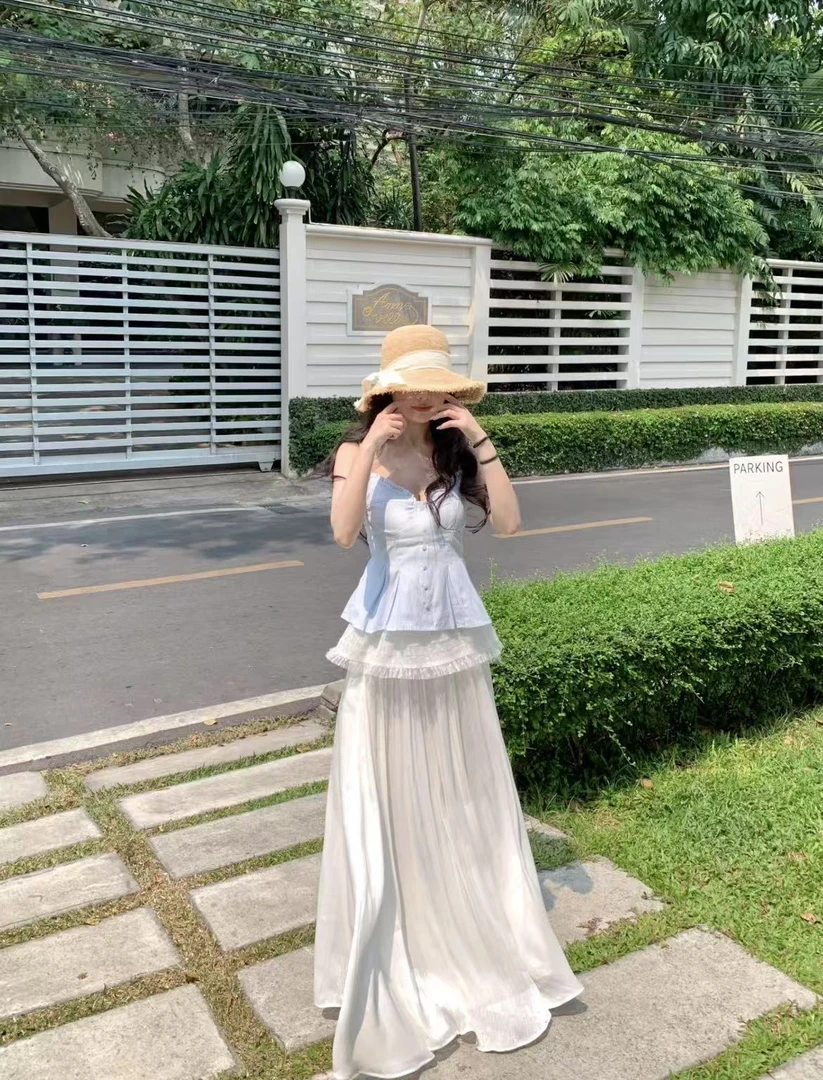 80310夏季新款甜美辣妹木耳边设计感短款吊带背心上衣半身裙套装