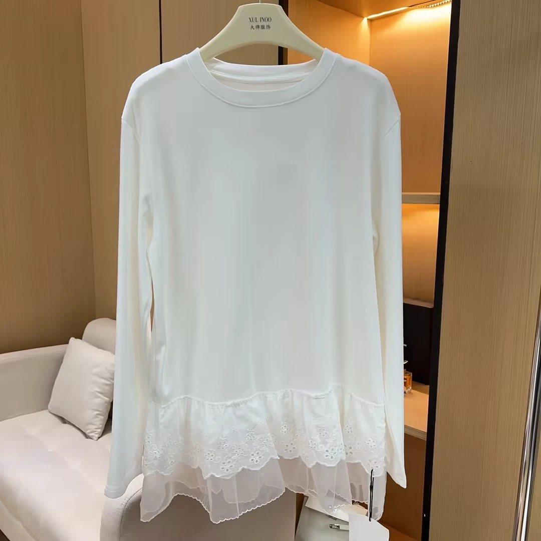 丨秋冬新款白色宽松显瘦半高领拼接蕾丝针织打底衫 5749
