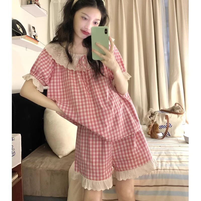 夏季短袖短裤甜美蕾丝边女大学生睡衣家居服两件套装学生