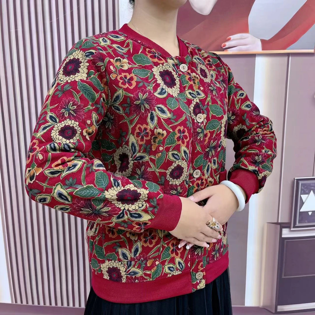 大花保暖秋冬洋气加绒印花外套时尚宽松百搭妈妈复古休闲棉服夹克