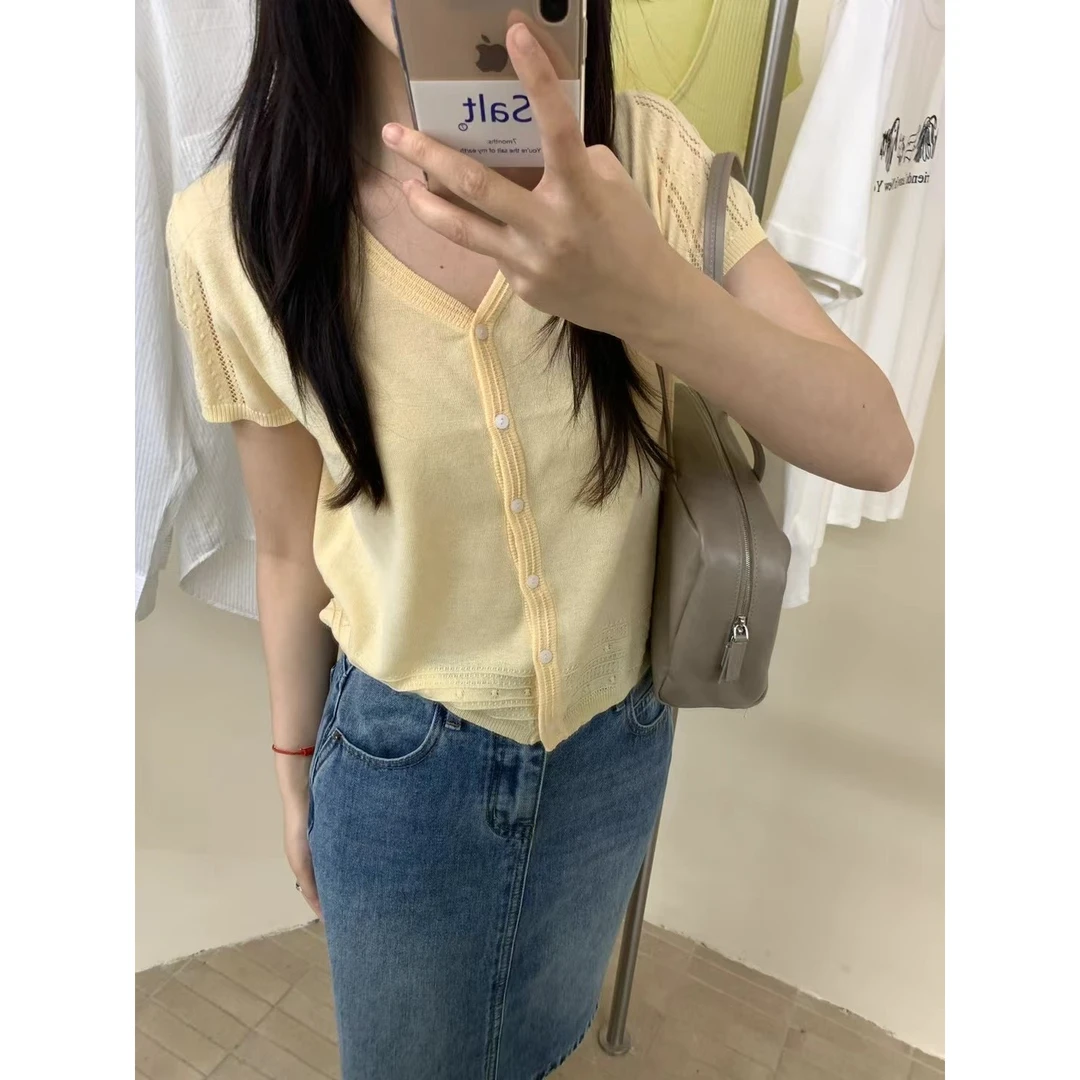 L-19129#『软糯糯』韩系温柔甜美镂空麻花针织短袖上衣（福利）