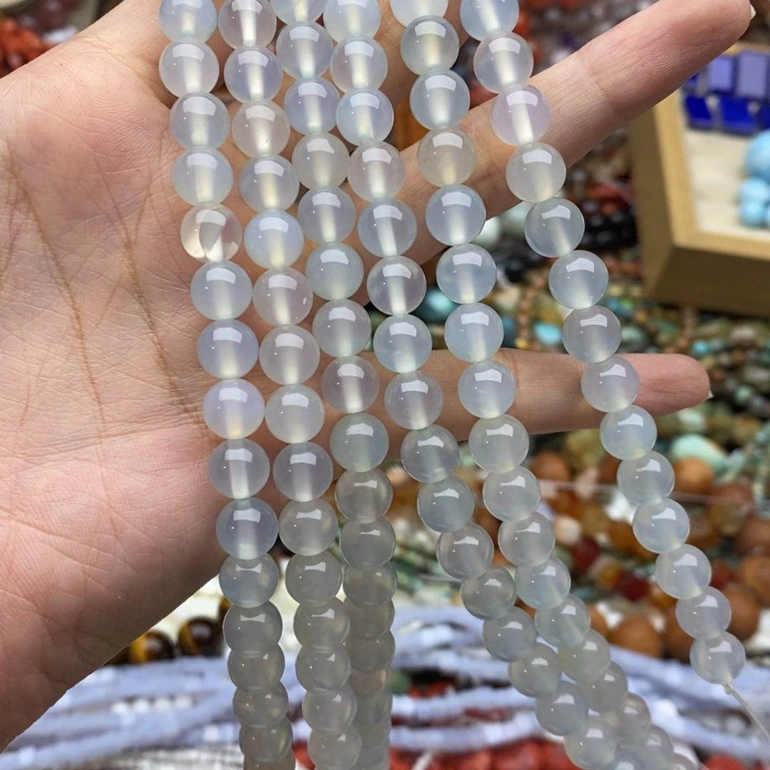 未镶嵌玛瑙/玉髓珠宝半成品一条天然冰川蓝玛瑙圆珠8mm