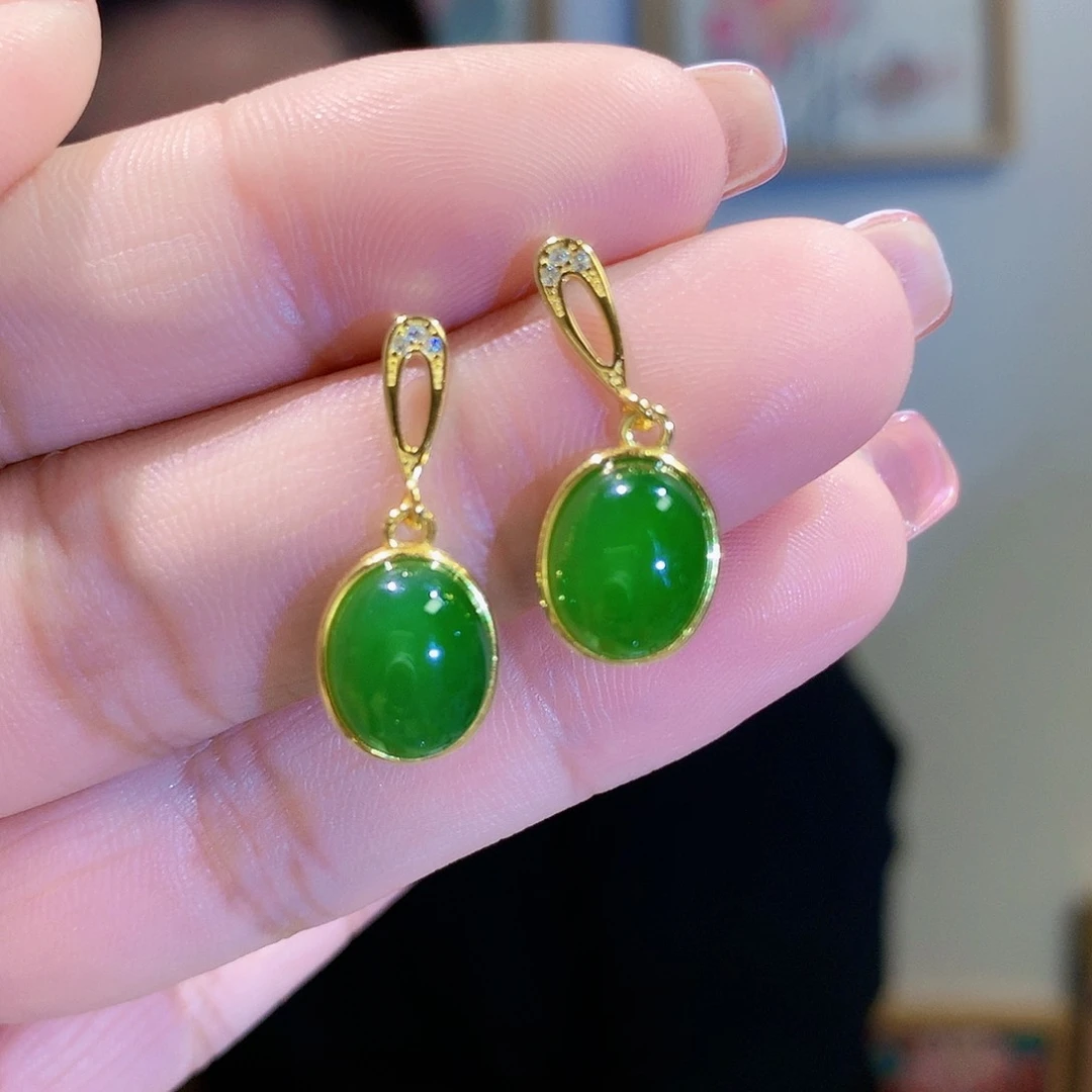 和田玉（碧玉）耳饰银S925镀金镶嵌