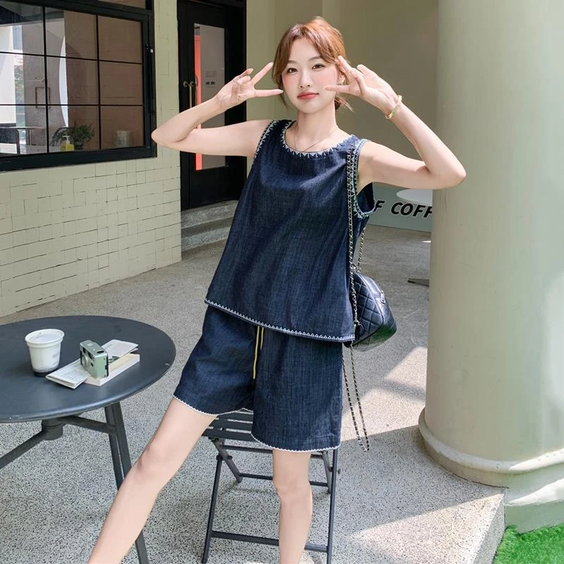 薄款牛仔无袖背心上衣时尚套装女夏新款小个子休闲显瘦短裤两件套