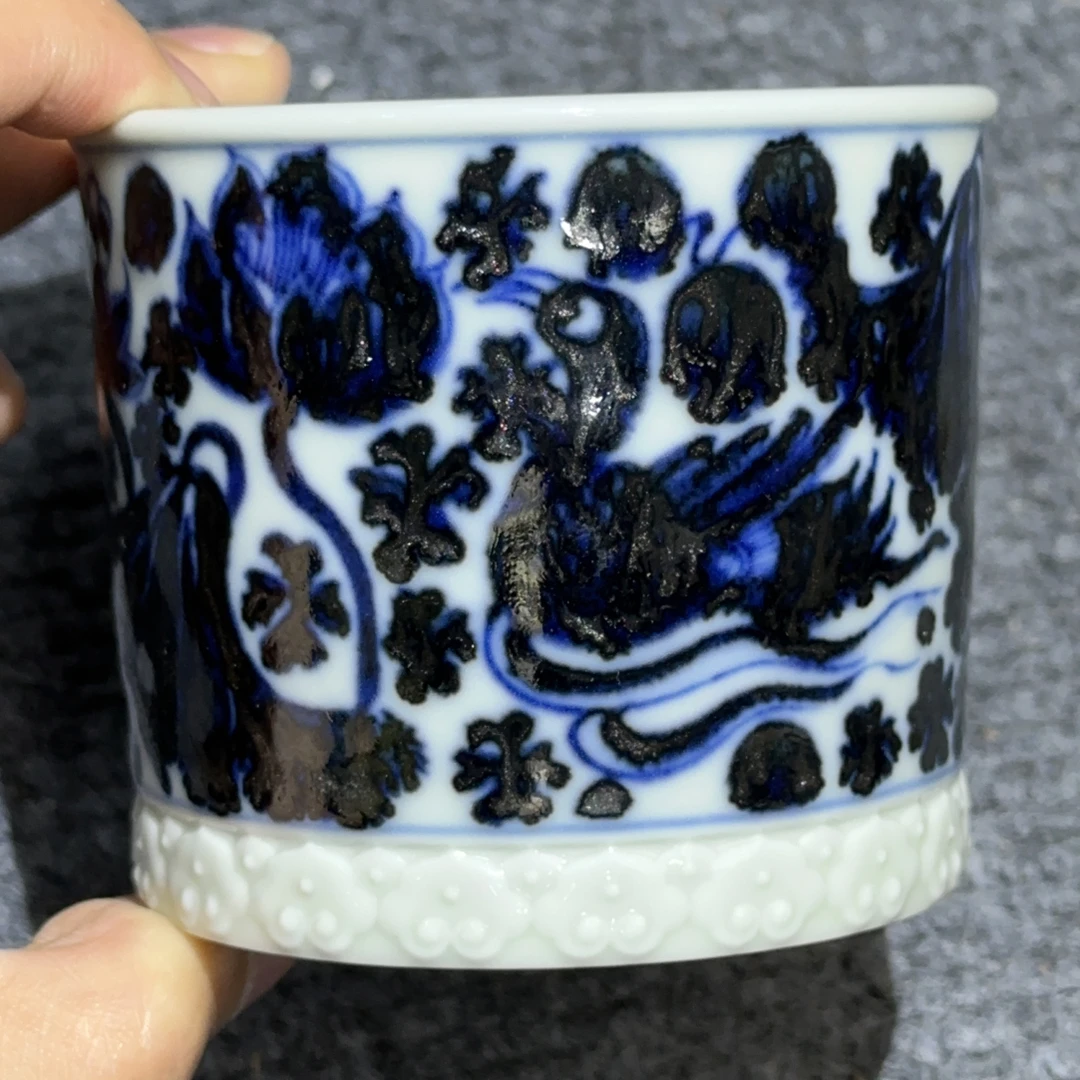 苏麻离青柴窑鸳鸯荷花大容天杯带雕刻啤酒杯主人杯原矿手绘150ml