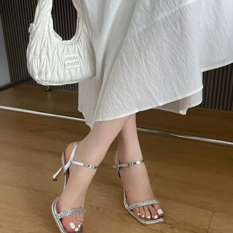 水钻高级感凉鞋夏季新款百搭细跟方头露趾一字带高跟鞋WC2680