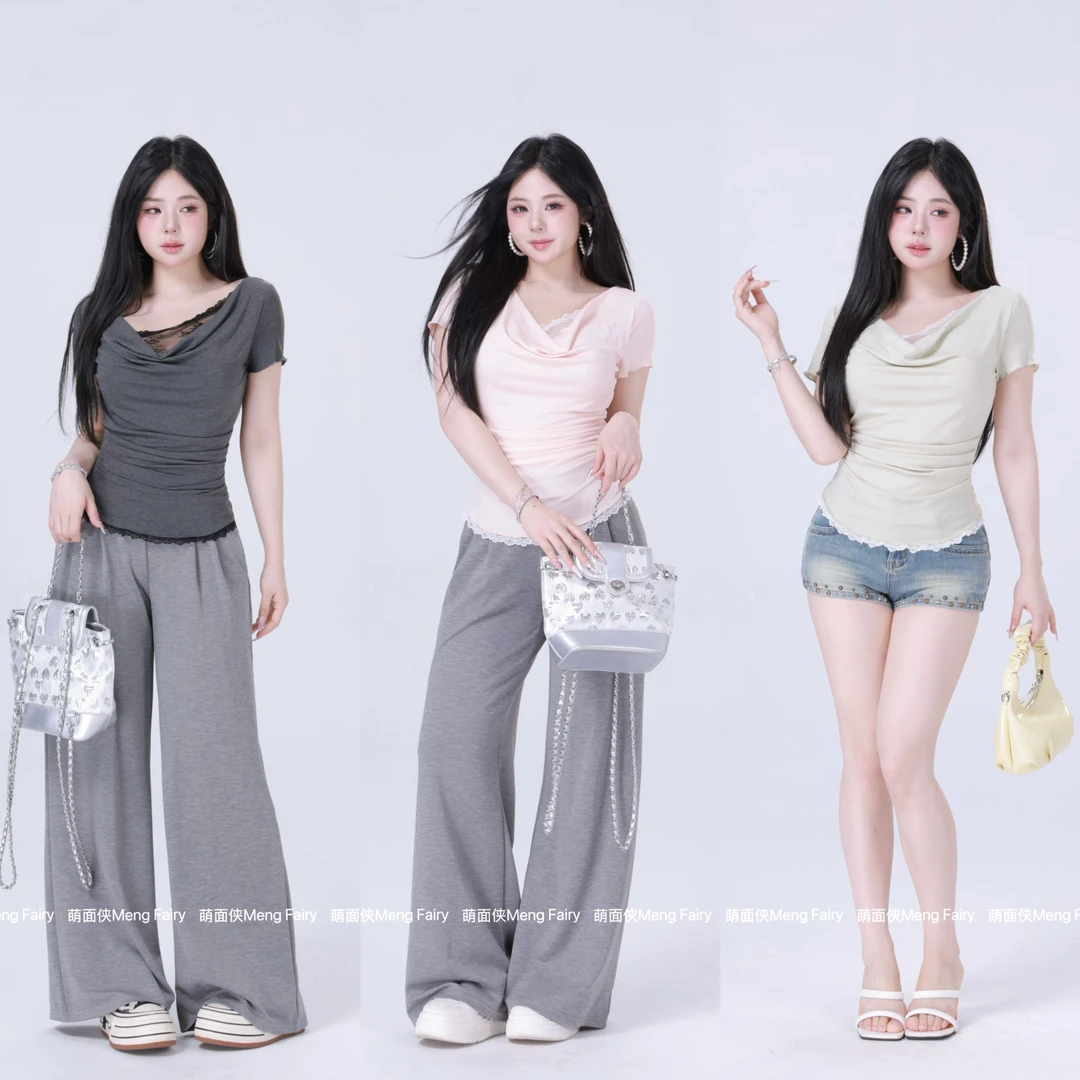 11.3清清萌面侠【甜氧少女】纯欲拼接设计修身短袖上衣女夏 5374M