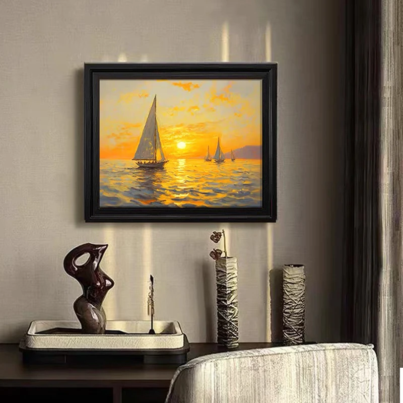 蒸蒸日上一帆风顺中古风餐厅装饰画手工油画肌理感斗柜摆台挂画