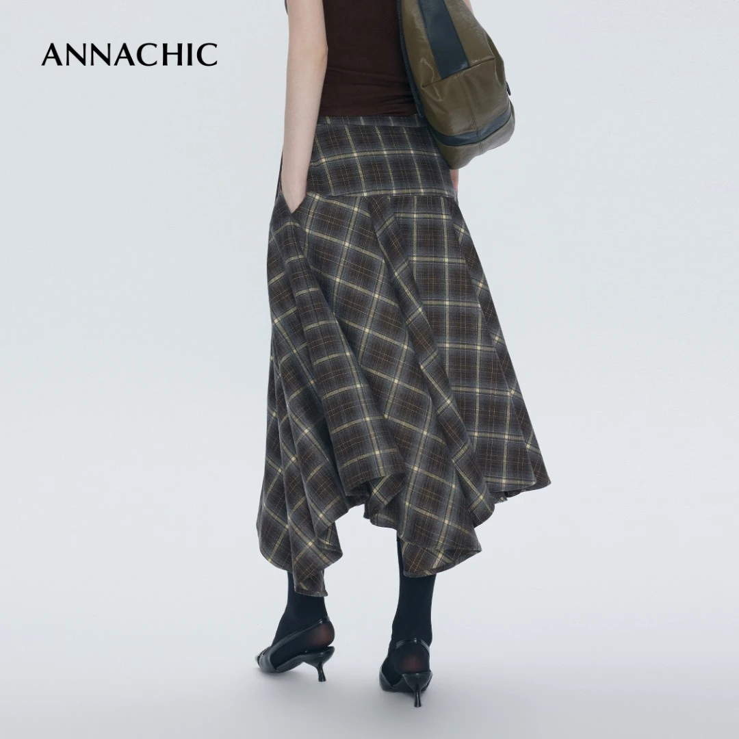 ANNACHIC复古时髦_格纹不规则半身裙_宽松遮肉a字中长款格子半裙