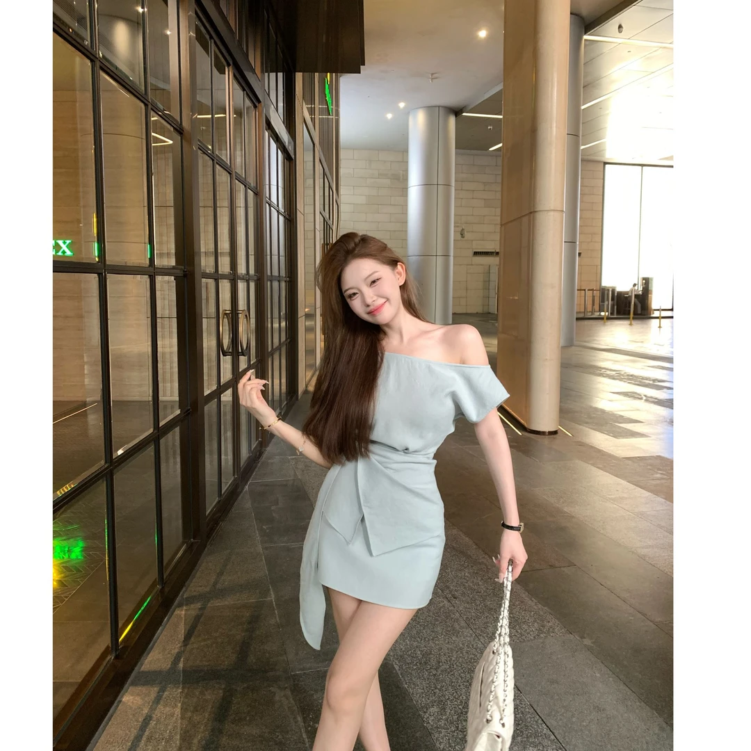 SZA【白玉兰山】夏季新款简约通勤绑带设计上衣+半身裙套装A-2022