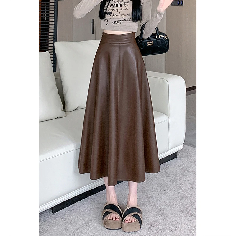 复古皮裙女秋冬季2025新款高腰遮跨大摆a字裙通勤显瘦pu皮半身裙