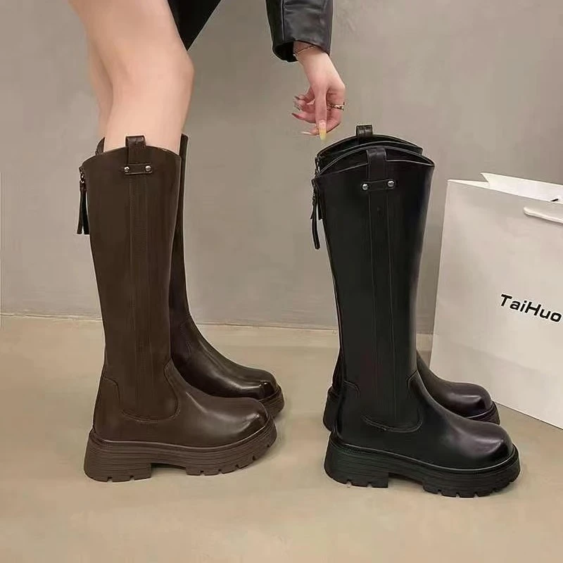 冬新款复古时尚百搭厚底增高显瘦V口不过膝长靴109-12