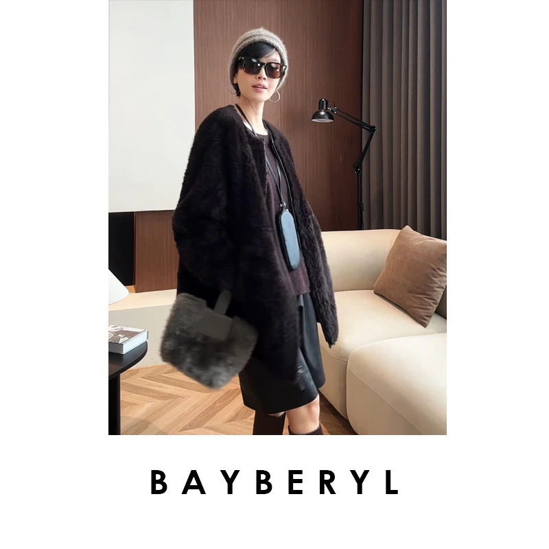 券-BAYBERYL老贝爱卡棕*拉贡半卷中长拉链圆领一体皮衣PY5H1243