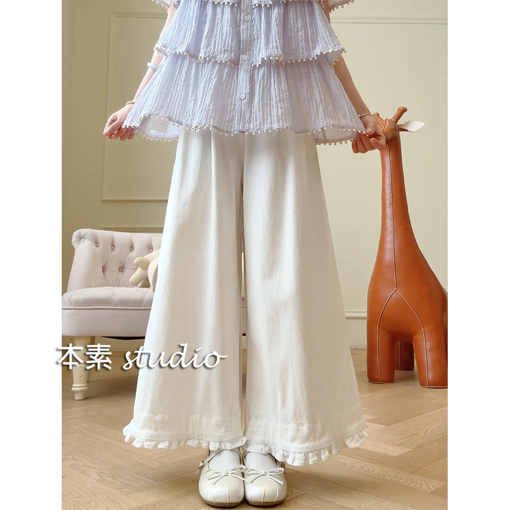 木耳裤Y2696纽扣拉链木耳边半松紧腰阔腿裤