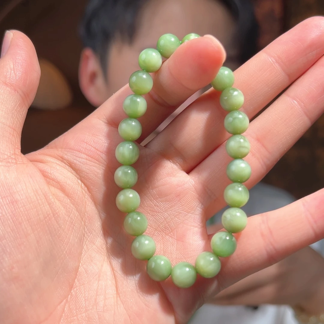 未镶嵌手串和田玉黑羊洞薄荷绿猫眼8mm880