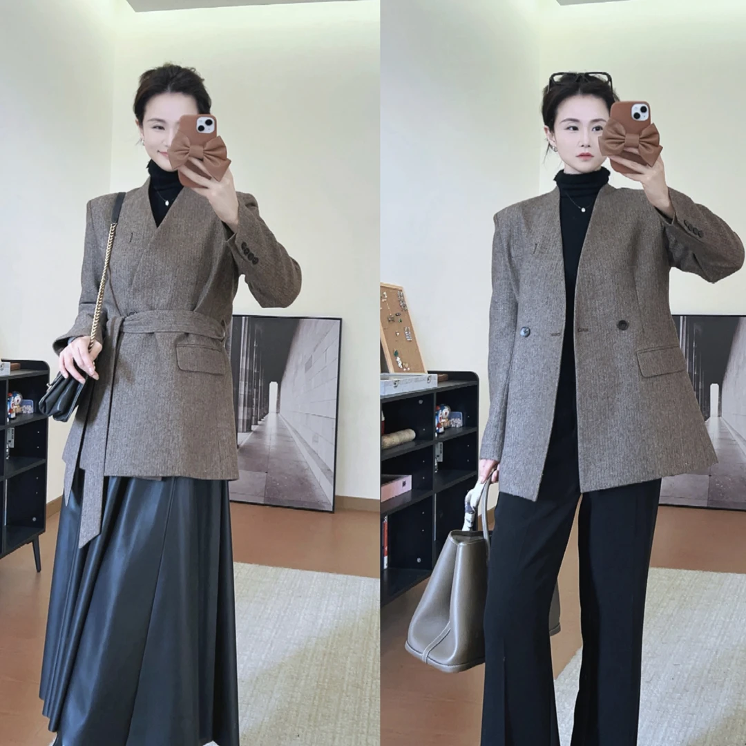 【费城旧刊】咖色羊毛毛呢人字纹高级轻奢气质无领短外套