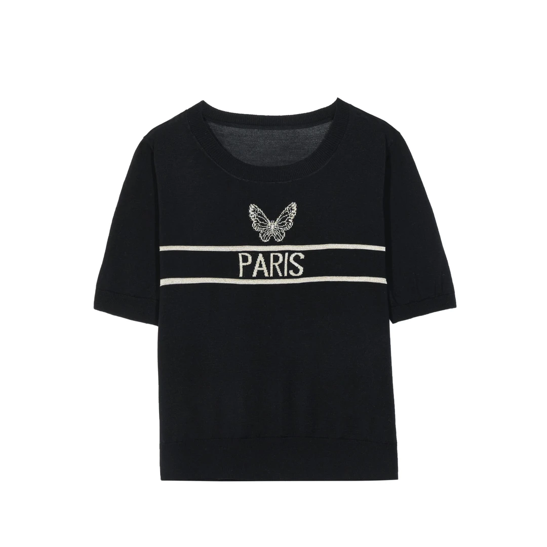 巴黎家蝴蝶刺绣&高端院线设计师款~16针100%莱赛尔短袖T恤女8666