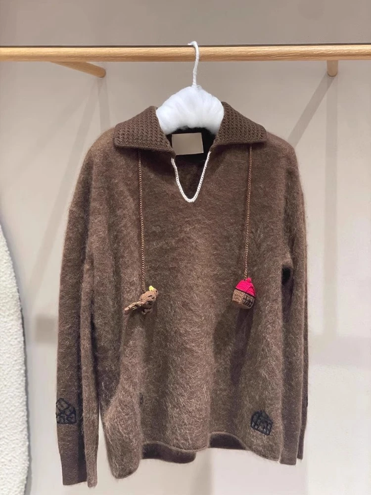 【喜报丰年】咖色v领提花针织毛衣女冬季韦雪软糯毛茸茸外穿上衣