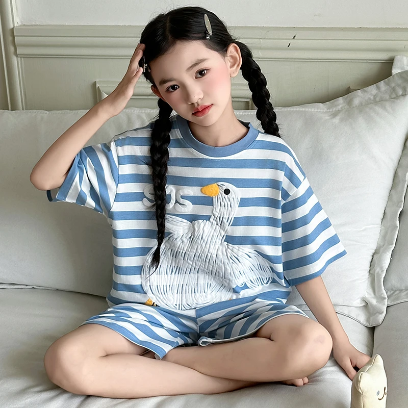 儿童卡通大白鹅睡衣女童夏季薄款短袖短裤女孩简约休闲家居服套装