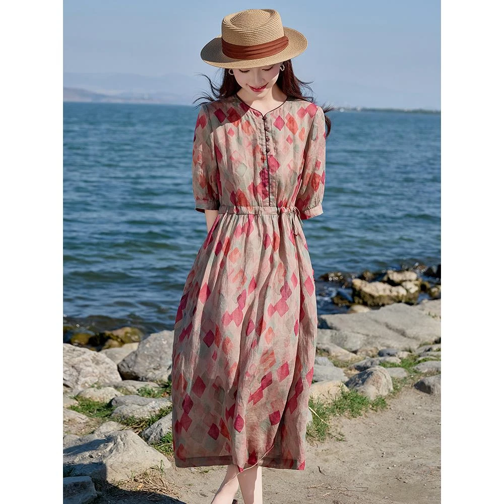 高端小个子苎麻碎花连衣裙女2025新款夏季文艺复古显瘦棉麻裙薄款