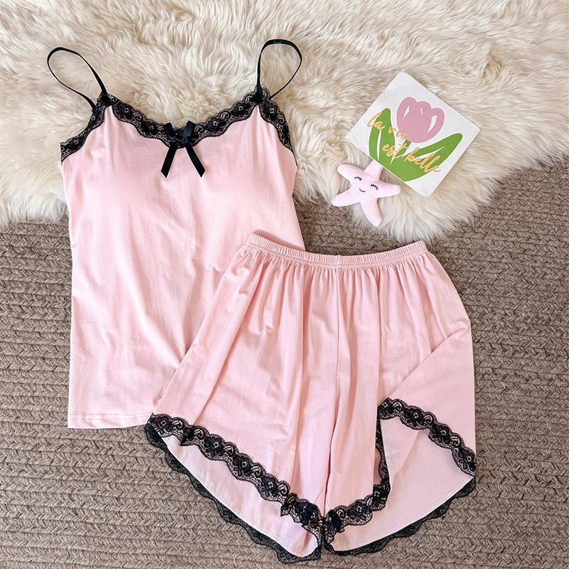 吊带睡衣女款夏季纯欲风新款女士休闲纯色带胸垫大码粉色少女套装