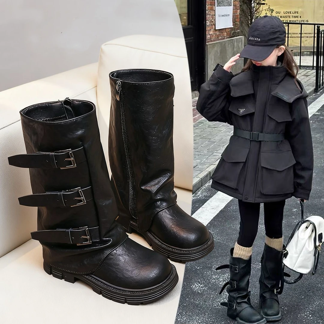 2025新款美拉德风靴子平底圆头中筒靴秋冬季女童西部堆堆靴骑士靴