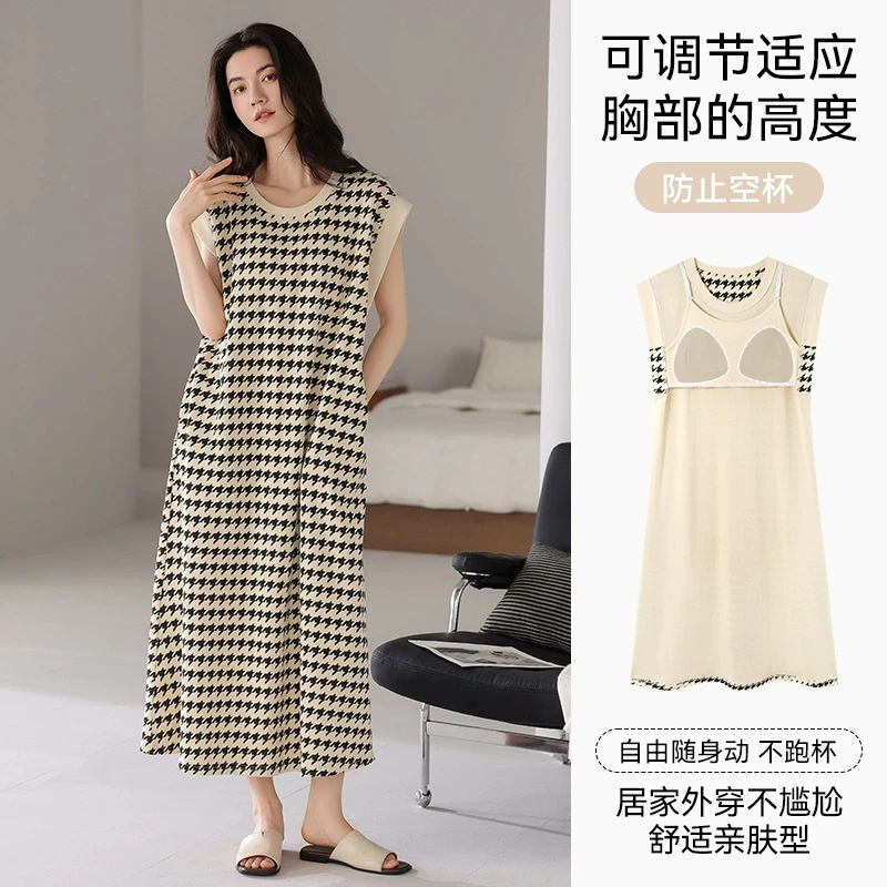 OUFENLAI睡裙女带胸垫可调节夏季薄款纯棉高女款小熊凉感胸垫睡裙